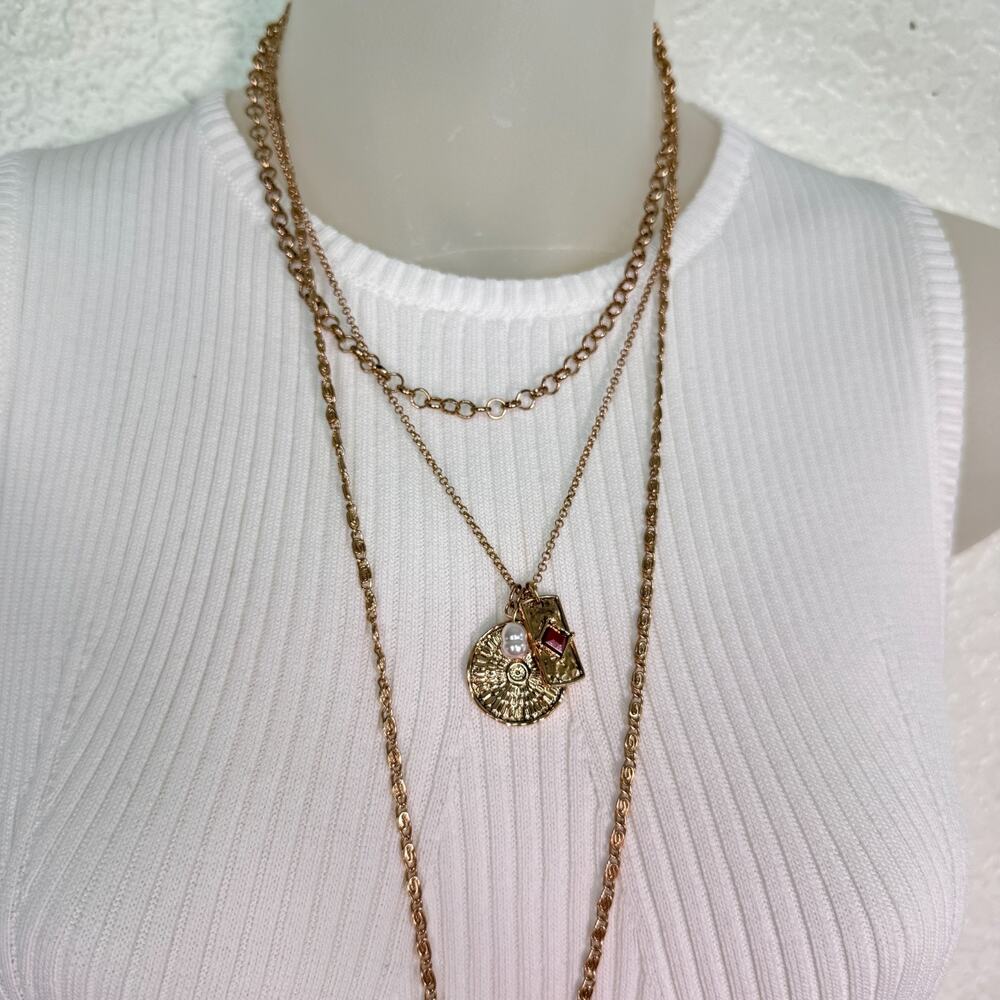 Free People Layer Necklace Heart Cross Charm Cluster Boho Multi Strand Boho NEW - Picture 7 of 10